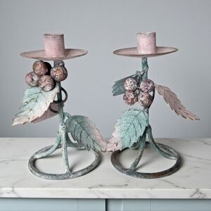 Vintage Rustic Metal Pink Green Grapes Leaves Pair of Candle Stick Holders Set 2